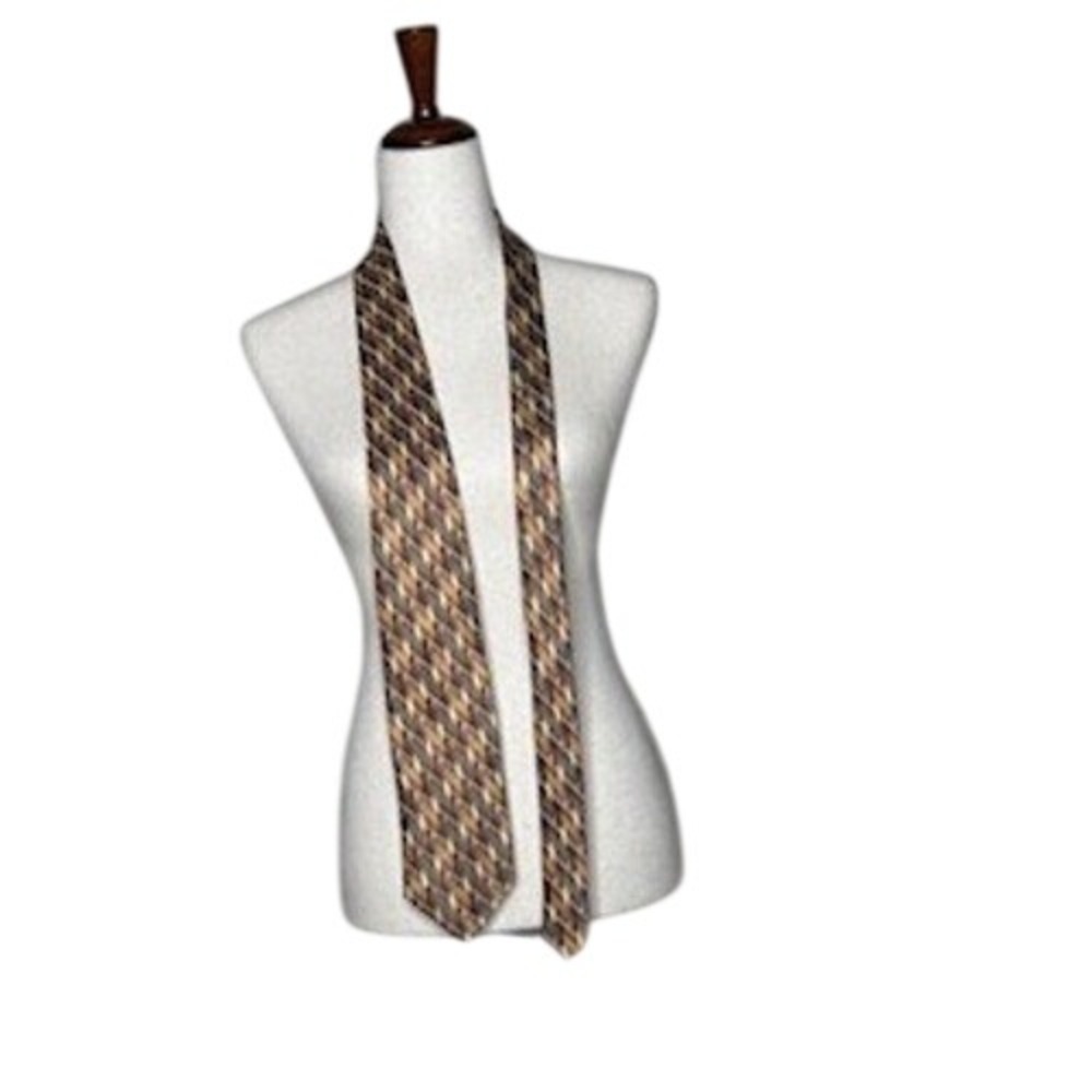 Renzo Handmade Silk‎ Necktie Brown Gold Geometric Vintage Style